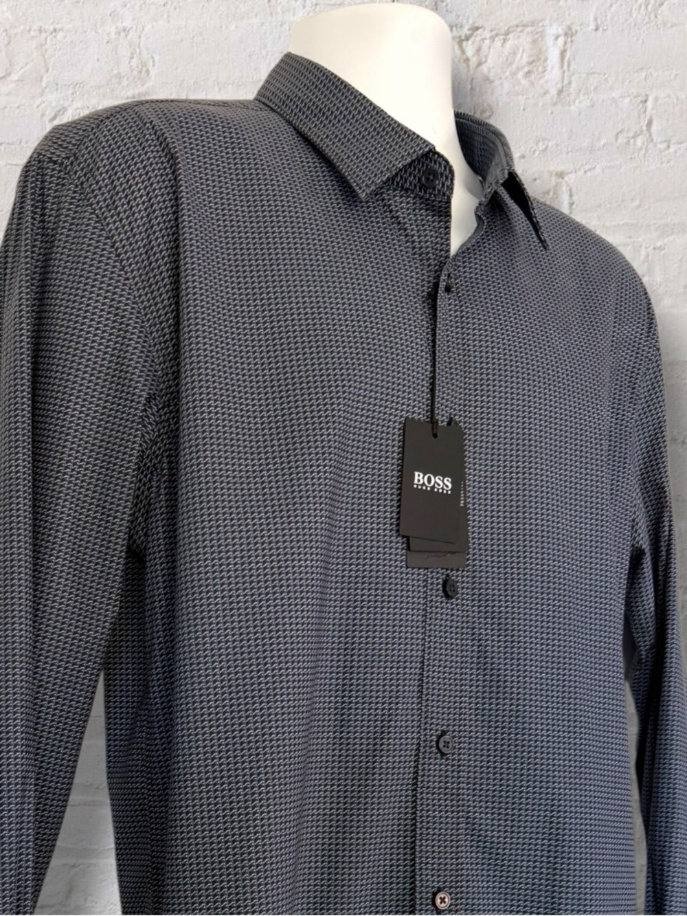 NWT Hugo Boss Ronni Slim Fit Stretch XXL Navy Geometric Print Dress Shirt $148 - Picture 3 of 16